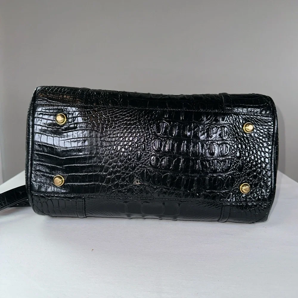 Brahmin Colette Black Melbourne Croc Embossed Leather Satchel Gold Hardware